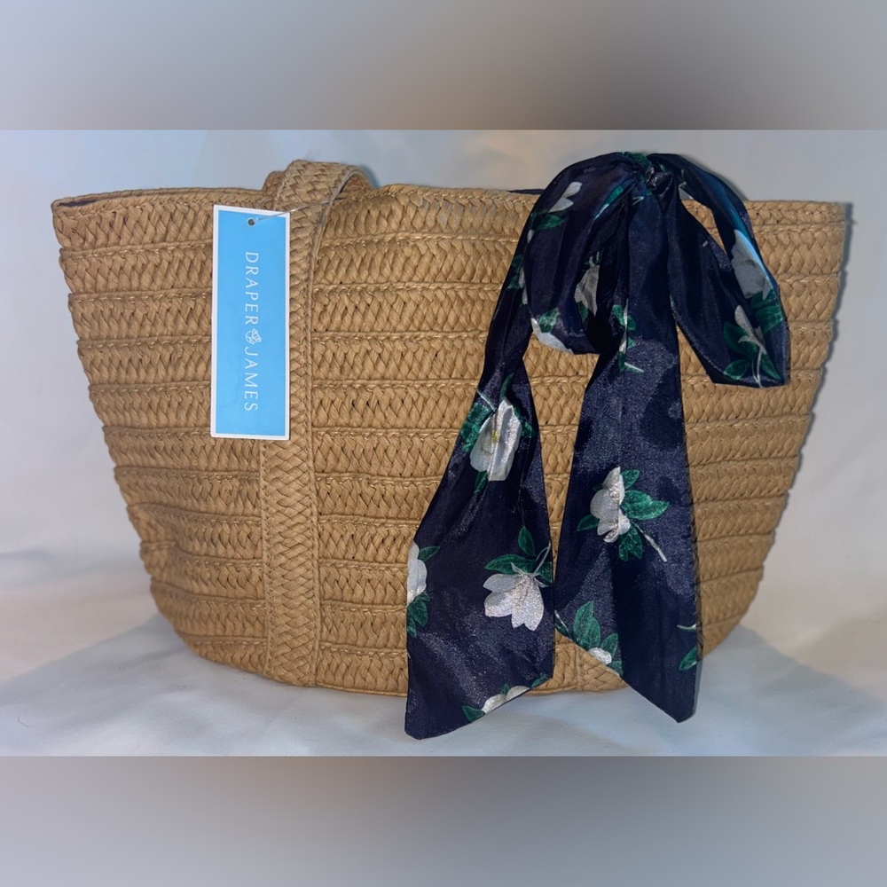 Everyday Straw Bag from Draper James, tan and blue and 15.5" W x 10" H x 1.25" D